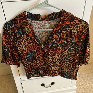 UO Cropped Rainbow Leopard Button Up